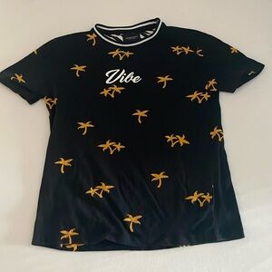 Demnim and Flawer by Ricky Singh navy shirt with yellow and white accents “vibe”